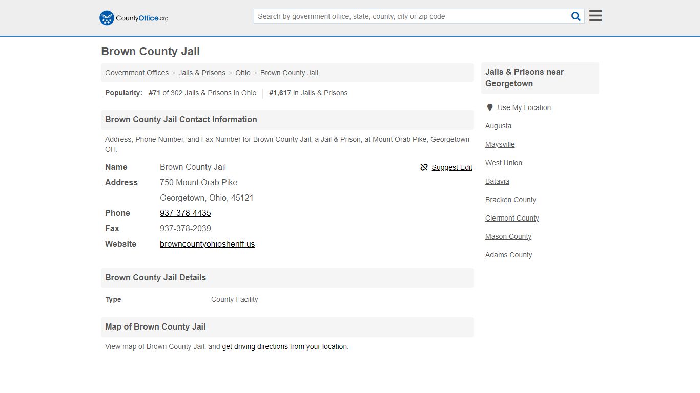 Brown County Jail - Georgetown, OH (Address, Phone, and Fax)